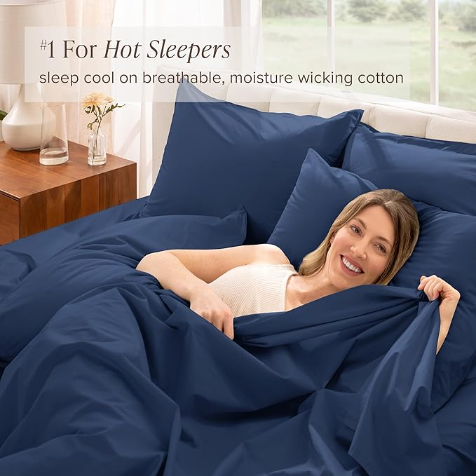 Bare Home 100% Organic Cotton Queen Sheet Set - Crisp Percale Weave - Lightweight & Breathable - Bedding Sheets & Pillowcases (Queen, Dark Blue)