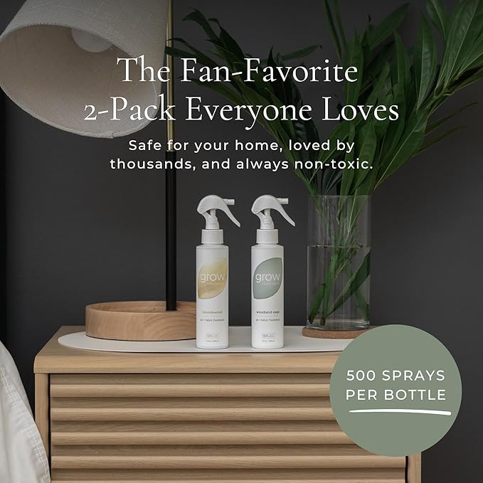 Grow Fragrance Scented Fabric and Room Air Freshener Spray - Certified Non-Toxic, 100% Plant-Based Essential Oils - 5 oz (Blondewood + Woodland Sage 2-Count)