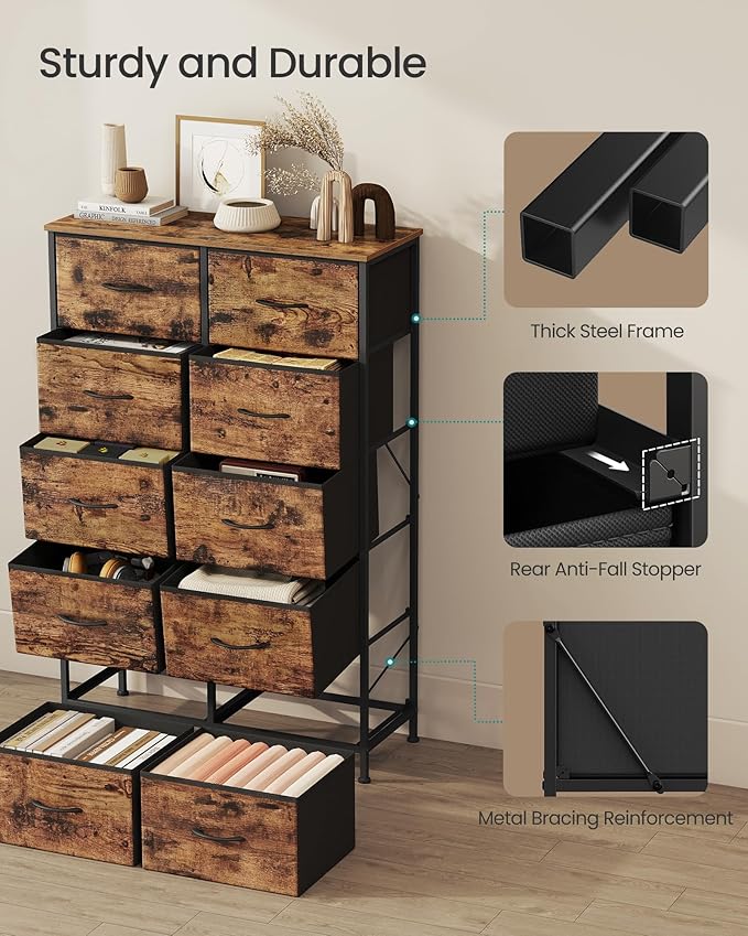 SONGMICS Dresser for Bedroom, Chest of Drawers, Steel, MDF, 10 Non-Woven Fabric Drawers, Storage Organizer Unit, Closet, Entryway, Rustic Brown and Ink Black ULGS125B02S