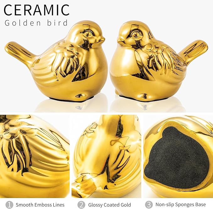 Set of 2 Small Birds Statues Gold Home Decor Modern Boho Style Figurine Decorative Ornaments for Living Room, Bedroom, Office Desktop, Cabinets, Shelf