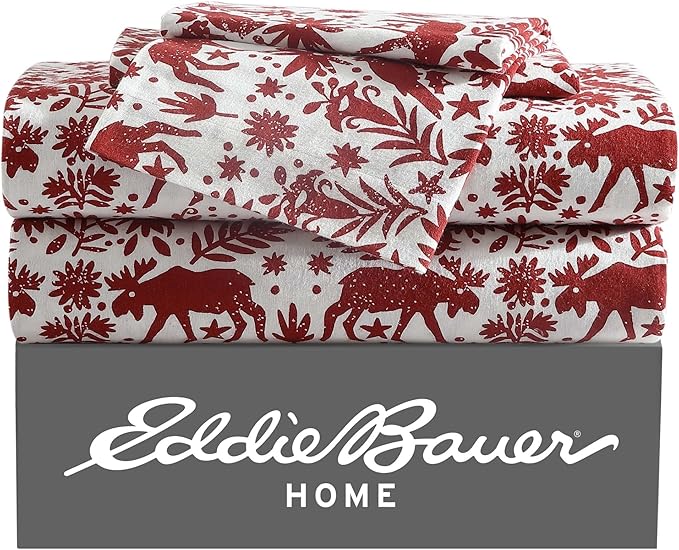 Eddie Bauer - Queen Sheets, Cotton Flannel Bedding Set, Brushed for Extra Softness, Cozy Home Decor (Arcadia Red, Queen)