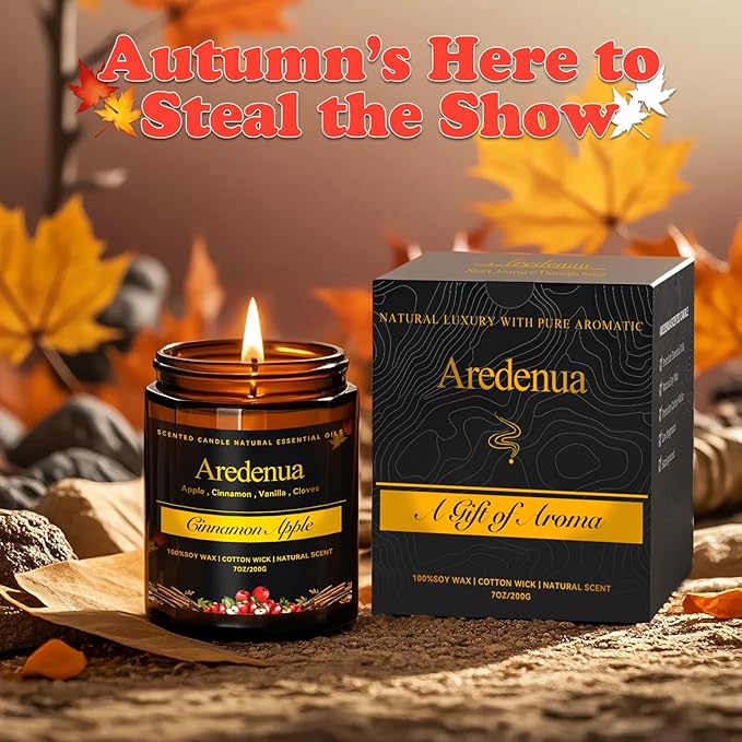 Fall Candles - Apple & Cinnamon Candle | Apple Scented Candles, Thankingsgiving Candle for Autumn, 7 OZ Soy Candles for Home Scented - Fall Gifts for Women Men
