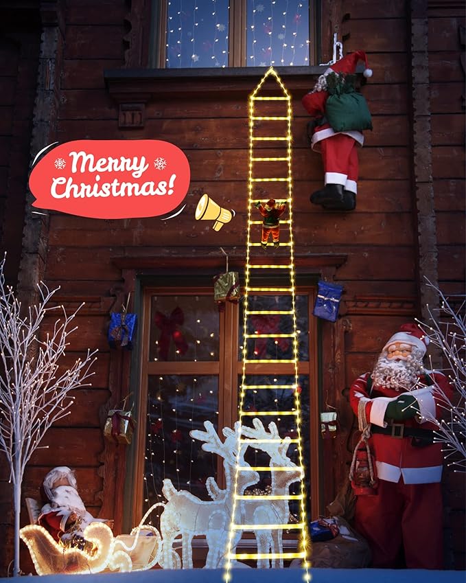 Toodour LED Christmas Lights - 10ft Christmas Decorative Ladder Lights with Santa Claus, Xmas Decorations Light for Indoor Outdoor, Window, Garden, Home, Wall, Xmas Tree Decor - Warm White