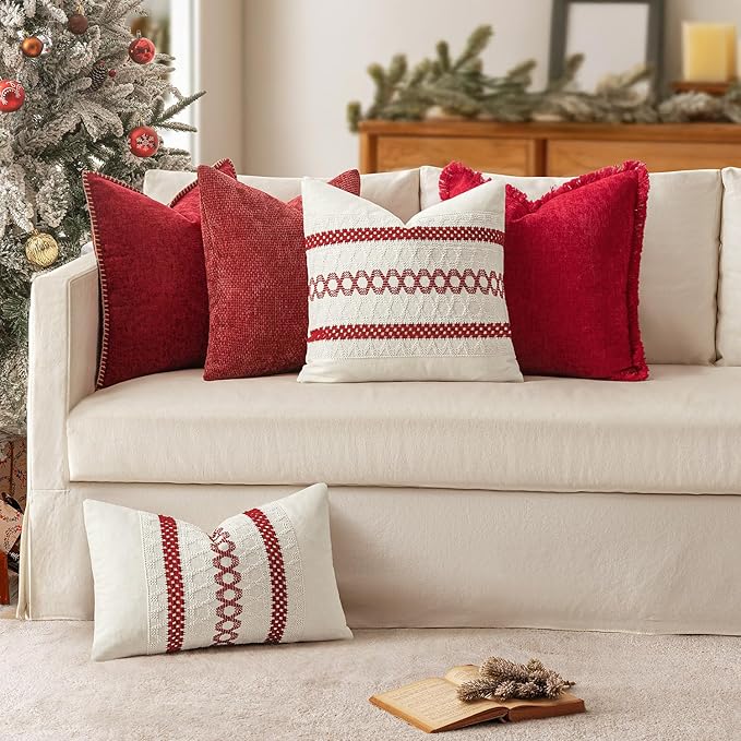 MIULEE Set of 2 Christmas Red Boho Decorative Lumbar Pillow Covers 12x20 Inch Farmhouse Rustic Couch Throw Pillows Modern Cotton Cushion Covers Retro Cute Macrame Woven Home Decor for Bed Sofa Chair