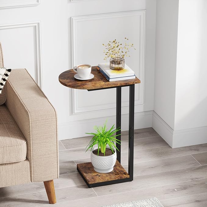 Hosfais Side Table Small End Table, C-Shaped Wood Sofa Table with Metal Frame for Living Room, Bedroom, Small Spaces (Rustic Brown)