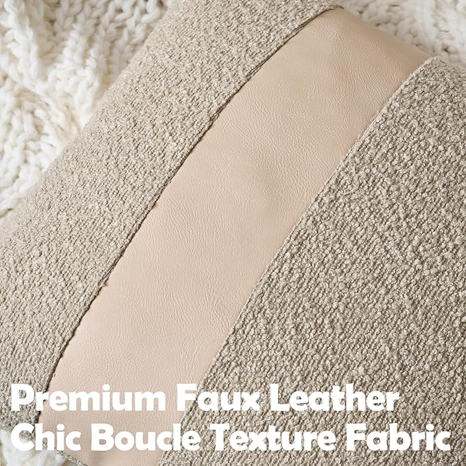 Pack of 2 Faux Leather Boucle Throw Pillow Covers 20"x12" Neutral Beige Chic Accents Textured Rectangular Lumbar Decorative Pillow Cases for Living Room Couch Bed Farmhouse Boho Home Decor