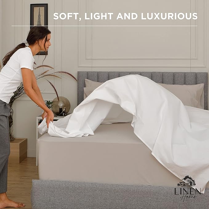 Linen Home 100% Cotton Percale Weave Fitted Sheet, Twin Size, Cream, 1 Deep Pocket Fitted Sheet, Fits Mattress Upto 16" Crisp and Cool Strong Bed Linen, 39"X75"+15"