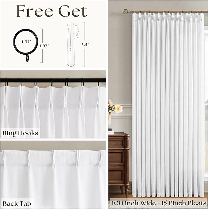 White Linen 100 Inch Extra Wide Curtains Drapes 108 Inches Long for Sliding Glass Doors Memory Trained Pinch Pleated Non See Through Light Filtering Extra Long Living Room Curtain W100xL108 1 Panel