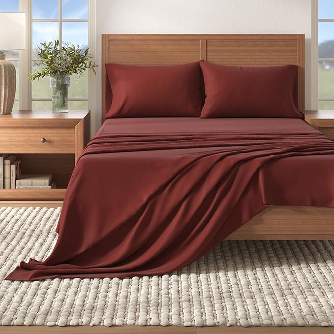 Great Bay Home Flannel Sheet Set Full Size - 100% Turkish Cotton, Double-Brushed, Winter Bed Sheets - Ultra-Soft, Cozy, 4-Piece Bedding Set (Cranberry)
