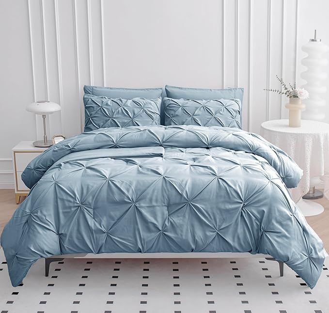 LANE LINEN Twin Comforter Set, 5 Piece Twin Bedding Sets for Boys, Pintuck Twin Size Bed Set, Pinch Pleated Twin Bed in a Bag Set, Twin Bed Comforter Set with Sheets, Pillowcase & Sham - French Blue