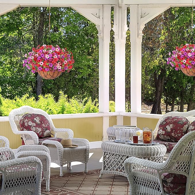Artificial Silk Flowers Hanging Baskets Outdoors Indoors, Fake Daisy with Eucalyptus Leaves Arrangement for Garden Yard Spring Summer Decor Faux Green Plant(Red Brown Purple Pink)