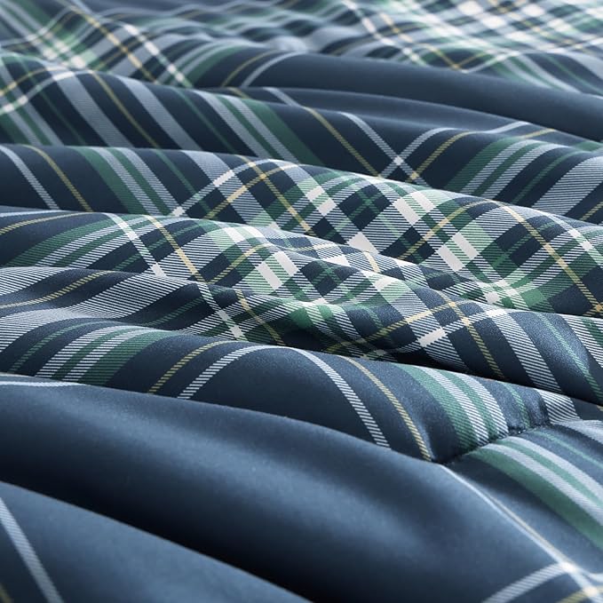 Plaid Queen Comforter Set, Midnight Blue Bedding Set 7 Pieces for Boys Girls Teen, Classic Farmhouse Bed in a Bag with Sheets, Pillowcases & Shams