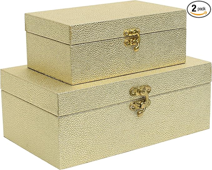 Faux Leather Decorative Storage Boxes Set of 2, Gold