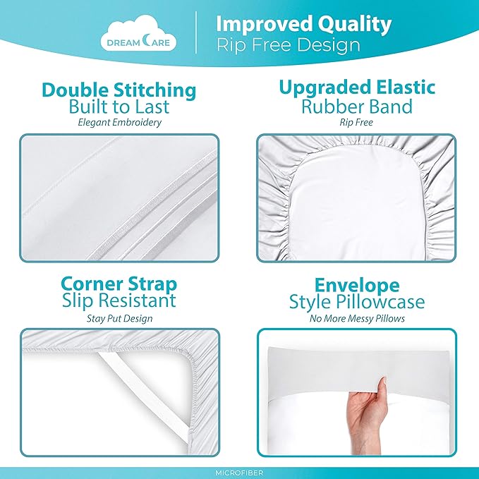 DREAMCARE Twin XL Sheet Sets – 3pcs Cooling Sheets – up to 21” Extra Deep Pocket Twin XL Sheets Set – Hotel Luxury Sheets & Pillowcases – Superior Softness 100% Fine Microfiber with Side Pocket –White