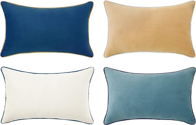 MONDAY MOOSE Decorative Throw Pillow Covers Cushion Cases, Set of 4 Soft Velvet Modern Double-Sided Designs, Mix and Match for Home Decor, Pillow Inserts Not Included (12x20 inch, Blue/Beige)