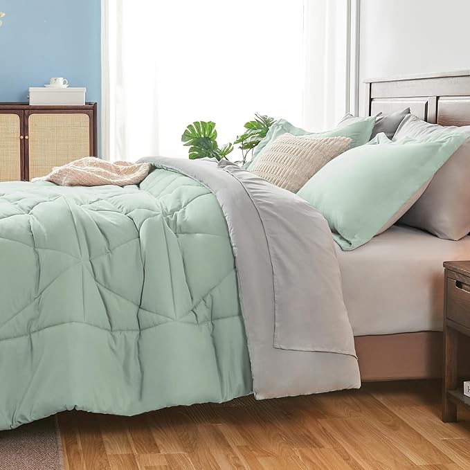 BEDELITE King Size Comforter Set 7 Pieces Bed in A Bag - Soft Microfiber Reversible Sage Green Bed Set with Comforters, Sheets, Pillowcases & Shams, Cozy Luxury Bedding Sets for All Season