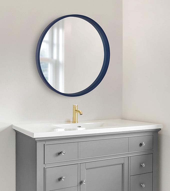 Kate and Laurel Travis Round Wood Wall Mirror, 25.6" Diameter, Navy Blue, Modern Wall Décor Accent