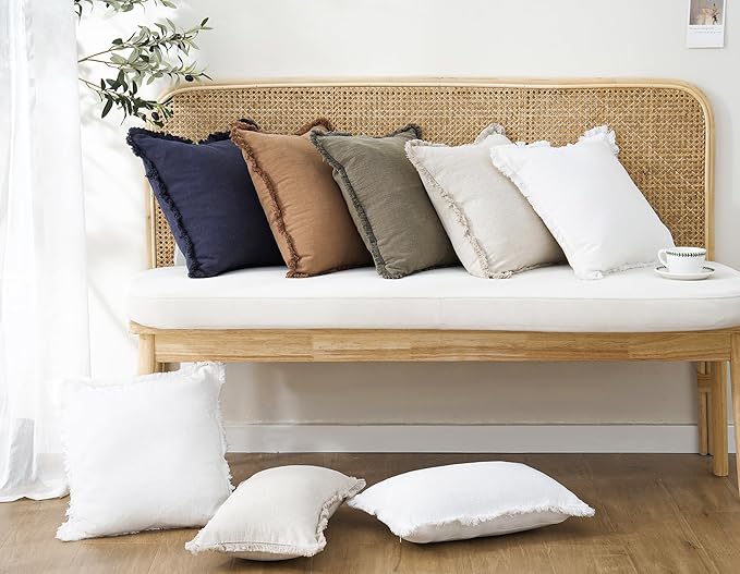 Foindtower Set of 2 Decorative Linen Fringe Throw Pillow Covers Cozy Boho Farmhouse Cushion Cover with Tassels Soft Accent Pillowcase for Couch Sofa Bed Living Room Home Decor,18×18 Inch,Khaki Brown