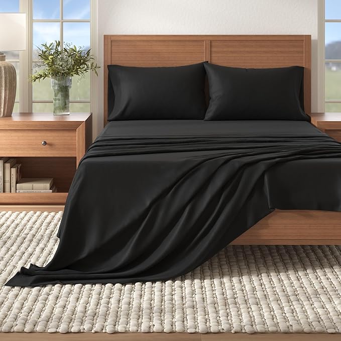 Great Bay Home Flannel Sheet Set Full Size - 100% Turkish Cotton, Double-Brushed, Winter Bed Sheets - Ultra-Soft, Cozy, 4-Piece Bedding Set (Black)
