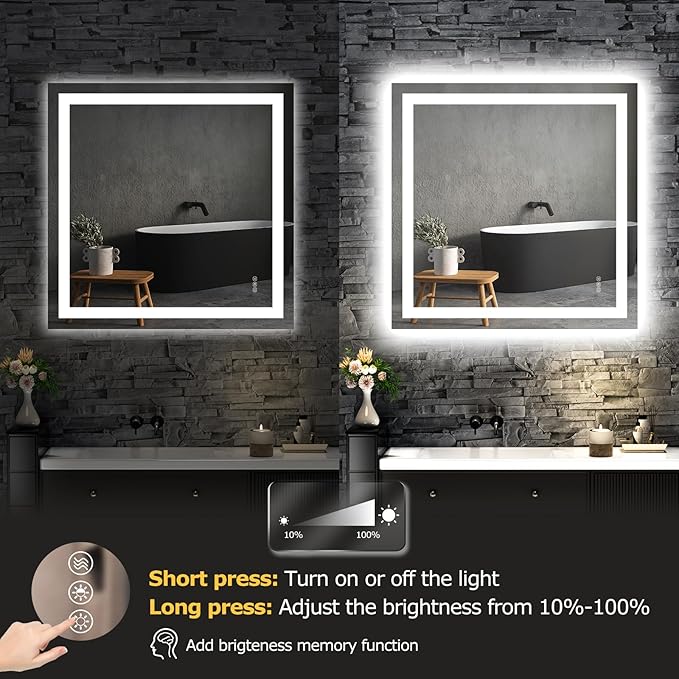 36X36 LED Bathroom Mirror with Lights, Anti-Fog, Dimmable, Backlit + Front Lit, Smart Bathroom Vanity Mirror, Memory Function, Shatterproof, Tempered Glass (Horizontal/Vertical)
