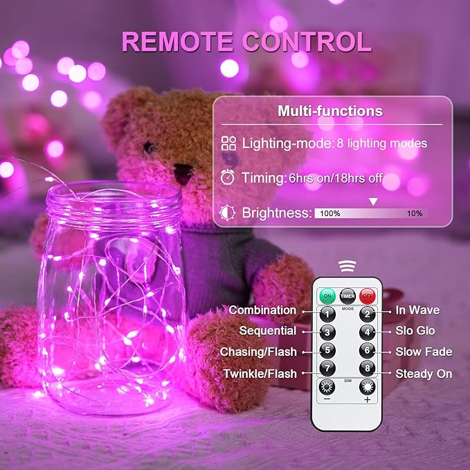JMEXSUSS 2 Pack Pink Fairy Lights Battery Operated, Total 200 LED 66ft Valentine Twinkle String Lights with Remote, 8 Modes Pink Lights for Valentine's Day Bedroom Anniversary Indoor Outdoor Decor