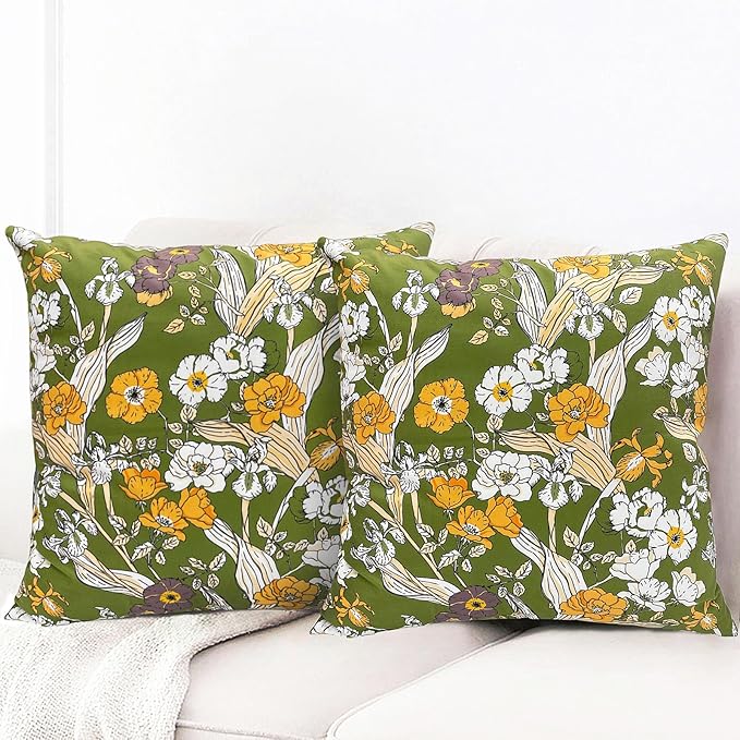 Decorative Throw Pillow Covers Set of 2 Green Pillow Covers 20x20 inch Soft Short Plush Square Freesia Floral Throw Pillows,Farmhouse Outdoor Pillow Covers for Couch Sofa Bed Living Room