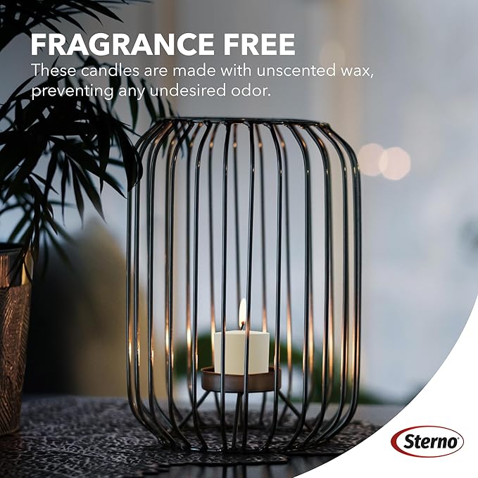 Sterno 72-Pack Votive Candles Bulk Pack - Long Lasting Tea Lights, Burns Up to 10 Hours - Unscented White Votive Candles for Indoors or Outdoors - Use as Party Decor or Centerpiece Table Decorations