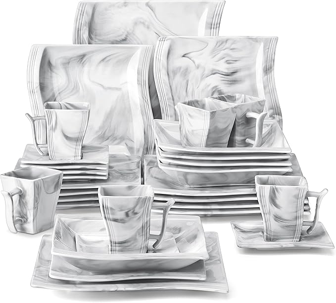 MALACASA Plates and Bowls Sets, 30 Piece Porcelain Dinnerware Sets for 6, Square Dinnerware Set with Dinner Plate, Dessert Plate, Soup Plate, Cup and Saucer, Modern Dish Set, Marble Grey, Series Flora