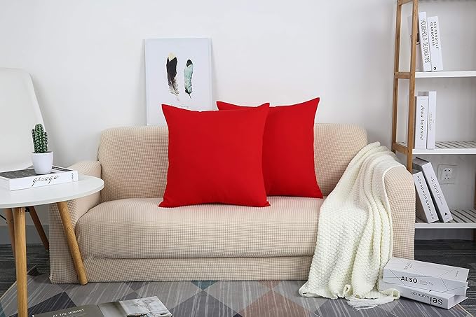TangDepot Set of 2 Handmade Decorative Solid 100% Cotton Canvas Throw Pillow Covers/Cushion Covers, 45 Colors Available - (18"x18" 2 Pieces, Red)