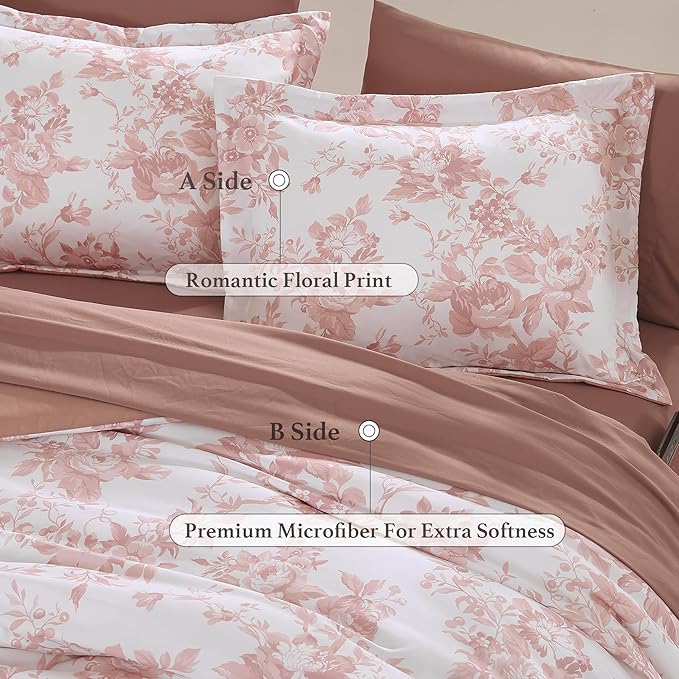 Full Comforter Set -7 Pieces Pink Floral Comforter Set for All Seasons, Bed in a Bag Full with Botanical Flowers Comforter, Sheets, Pillowcases & Shams