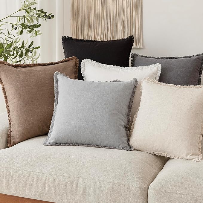 Foindtower Set of 2 Decorative Linen Fringe Throw Pillow Covers Cozy Farmhouse Cushion Cover with Tassels Accent Pillowcase for Couch Chair Sofa Bed Living Room Home Decor,20×20 Inch,Light Rustic Gray