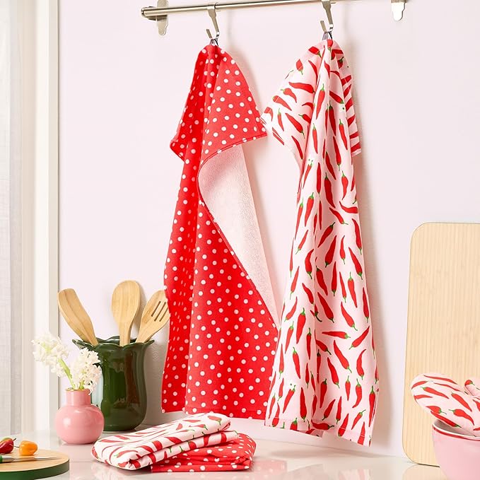 Kate Spade New York Hot Peppers & Spring Times Dot Kitchen Towels 4-Pack Set, Absorbent 100% Cotton, Red/Pink, 17"x28