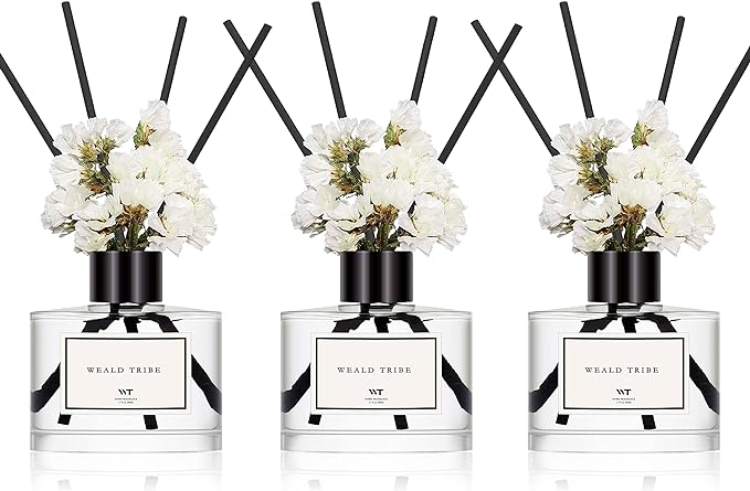 WEALD TRIBE Real Flower Reed Diffuser Set of 3 for Bathroom Air Fresheners, Oil Defusers | Fresh Linen/Ocean/Eucalyptus & Mint Scent(1.7 fl oz Each Pack) Home Fragrance with 12 Stick | Shelf Decor