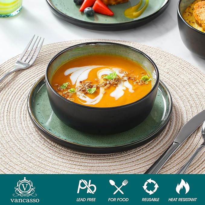 vancasso Plates and Bowls Sets, 18 Pieces Stoneware Dinnerware Sets for 6, Kitchen Dish Set Mircowave and Dishwasher Safe Dinner Set Ceramic Dishware, Turf Green, Series AMBER