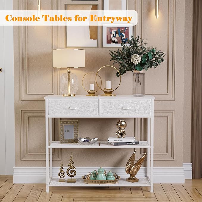 Furologee 30'' Entryway Table, White Console Table with Storage, Narrow Sofa Table with 2 Drawers and 2 Shelves for Hallway, Living Room, Bedroom, Foyer, Couch, Tv