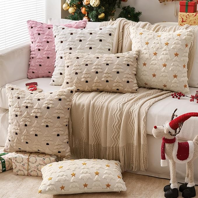 MIULEE Christmas Tree Decorative Pillow Covers Faux Fur Wool Throw Pillows Soft Plush Cushion Covers Set of 2 Xmas Home Decor Winter Holiday for Sofa Couch Livingroom Bed 20x20 Inch Beige
