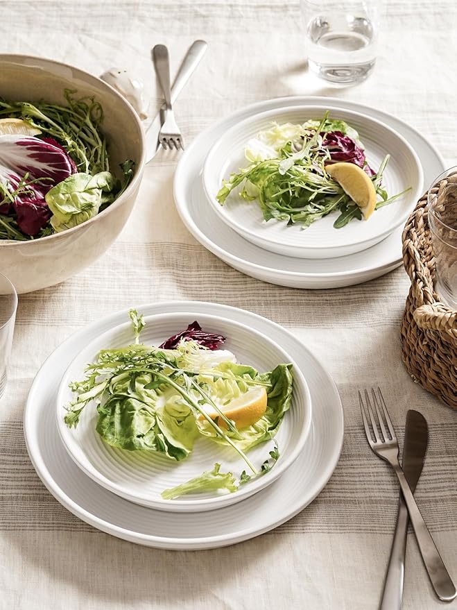 LE TAUCI 16-Piece Ceramic Dinnerware Set with Pasta Bowls (30 oz), Service for 4 – White Farmhouse Plates & Dishes (10" Dinner, 8" Salad, 6" Bowls, 8.5" Pasta) for Housewarming, Wedding Registry Gift