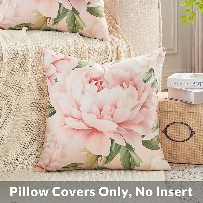 Pink Floral Throw Pillow Covers 22x22 Set of 2, Decorative Peony Flower Cushion Cases, Soft Plush Pillow Covers for Farmhouse Sofa Couch Bed Home Decor