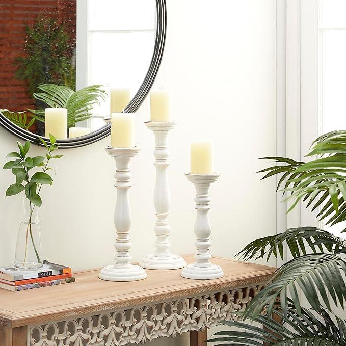 Deco 79 Mango Wood Decorative Candle Holder Candle Stand, Set of 3 Candlestick Holder 18", 15", 12"H, White