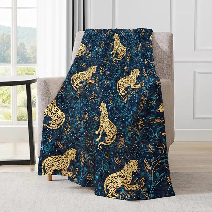 Leopard Blanket - Elegant Golden Leopards Dark Blue Fleece Throw,Gifts for Kids Adult, Soft & Warm,Lightweight, for Modern Rustic Art Decor, Animal Lovers, and Room Home Accents 60x80in