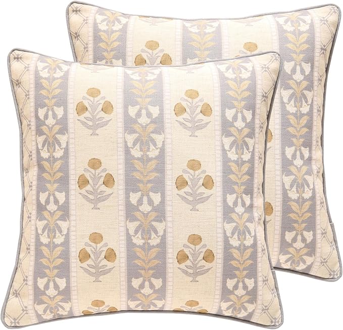 patdrea Designer Square Throw Pillow Covers Set of 2,Rustic Linen with Elegant Grey Blue Floral Pattern Pillows Cover,Decorative Pillowcases Cushion for Bed Living Room Outdoor Car,18 x18 Inches