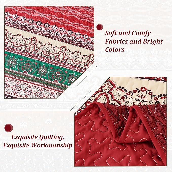 WONGS BEDDING Boho Queen Quilt Set, Red Bohemian Quilt Bedding Set, Lightweight Bed Decor Bedspread for All Season Reversible Microfiber Coverlet Bedding Set 96"x90"(3 Pieces)