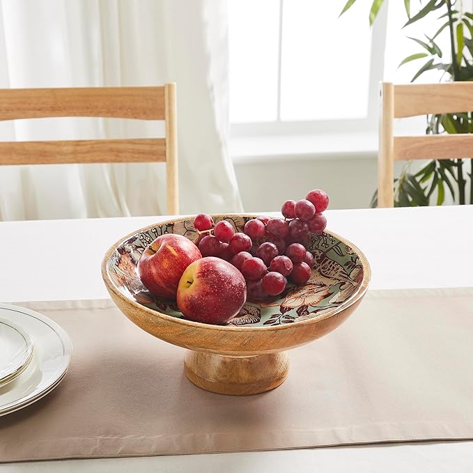 VHC Brands Natural with Bird Print Wooden Fruit Bowl 5.5x12x12, Kitchen Decor, Decorative Wooden Pedestal Bowl, Perfect Centerpiece for Table, Island, or Counter