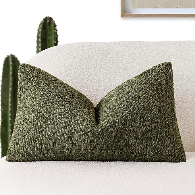 Foindtower Decorative Textured Boucle Throw Pillow Covers Accent Solid Lumbar Pillow Cases Neutral Soft Cozy Couch Cushion Case for Chair Sofa Bedroom Living Room Home Decor 12x20 Inch,1PC,Moss Green