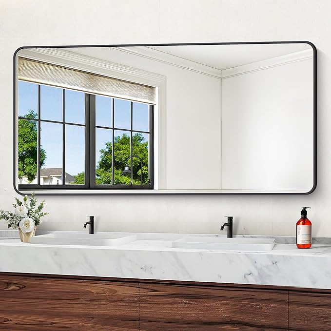 72" x 36"Bathroom Mirror, Matte Black Wall Mirror with Metal Frame, Decorative Rectangular Vanity Mirror for Bedroom Bathroom Living Room Entryway (Horizontal/Vertical)
