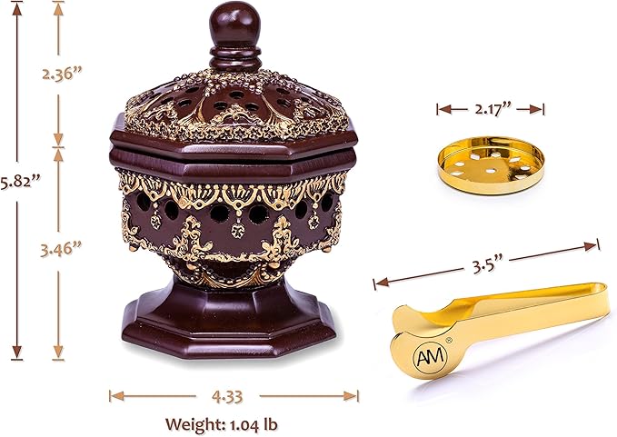AM Lux Octagon Incense Burner – Bakhoor & Cone Holder | Charcoal Resin Burner for Frankincense, Myrrh & Aromatherapy | Decorative Mabkhara for Home, Office & Meditation Room Decor | Gift Box (Brown)