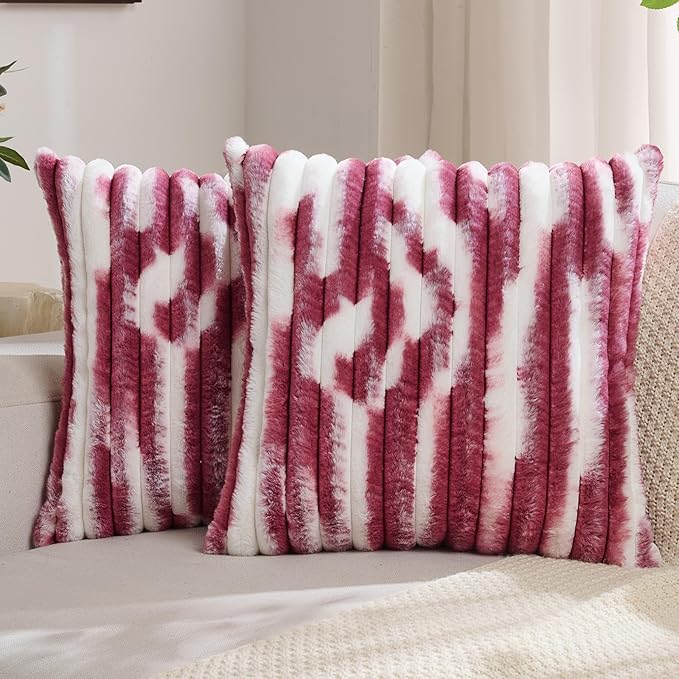 FUTEI Burgundy Decorative Throw Pillow Covers 22x22 Inch Set of 2, Soft Tie-Dye Faux Rabbit Fur Striped Texture Cushion Case, Modern Home Decor for Couch Bed Living Room