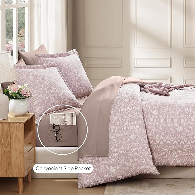 Full Comforter Set -7 Pieces Floral Pink Comforter Set for All Seasons, Bed in a Bag Full with Botanical Flowers Comforter, Sheets, Pillowcases & Shams