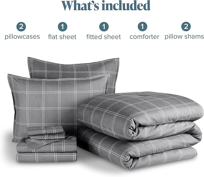 Bare Home Bed-in-A-Bag 7 Piece Comforter & Sheet Set - Queen - Track Stitch - Goose Down Alternative - Ultra-Soft 1800 Premium - Bedding Set (King, Modern Plaid - Grey/White)