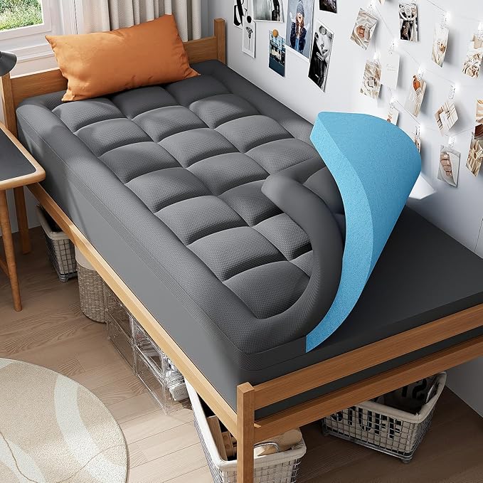 ELEMUSE Dual Layer 3 Inch Memory Foam Mattress Topper Twin XL, Dorm Room 2 Inch Cooling Gel Memory Foam Plus 1 Inch Down Alternative Pillowtop Mattress Pad, College Essential, Comfort Support, Grey